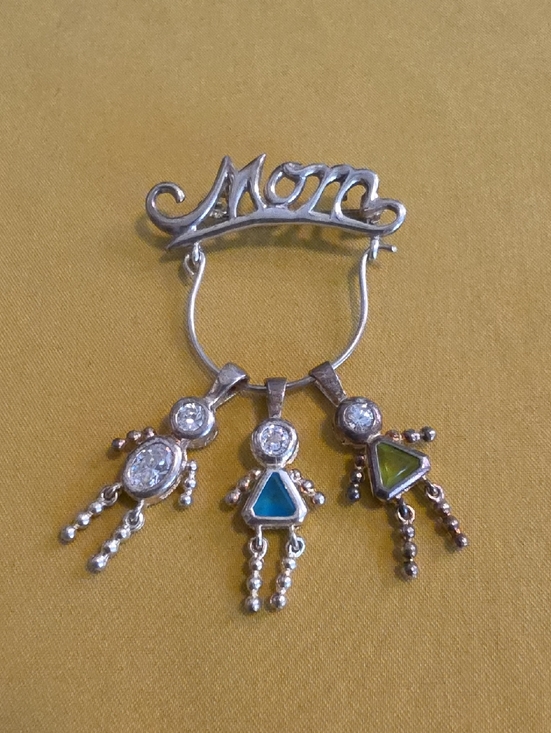 Source Unknown Jewelry - Vintage 925 Silver "Mom" Pin Featuring Three Dangling Charms - All Stamped 925